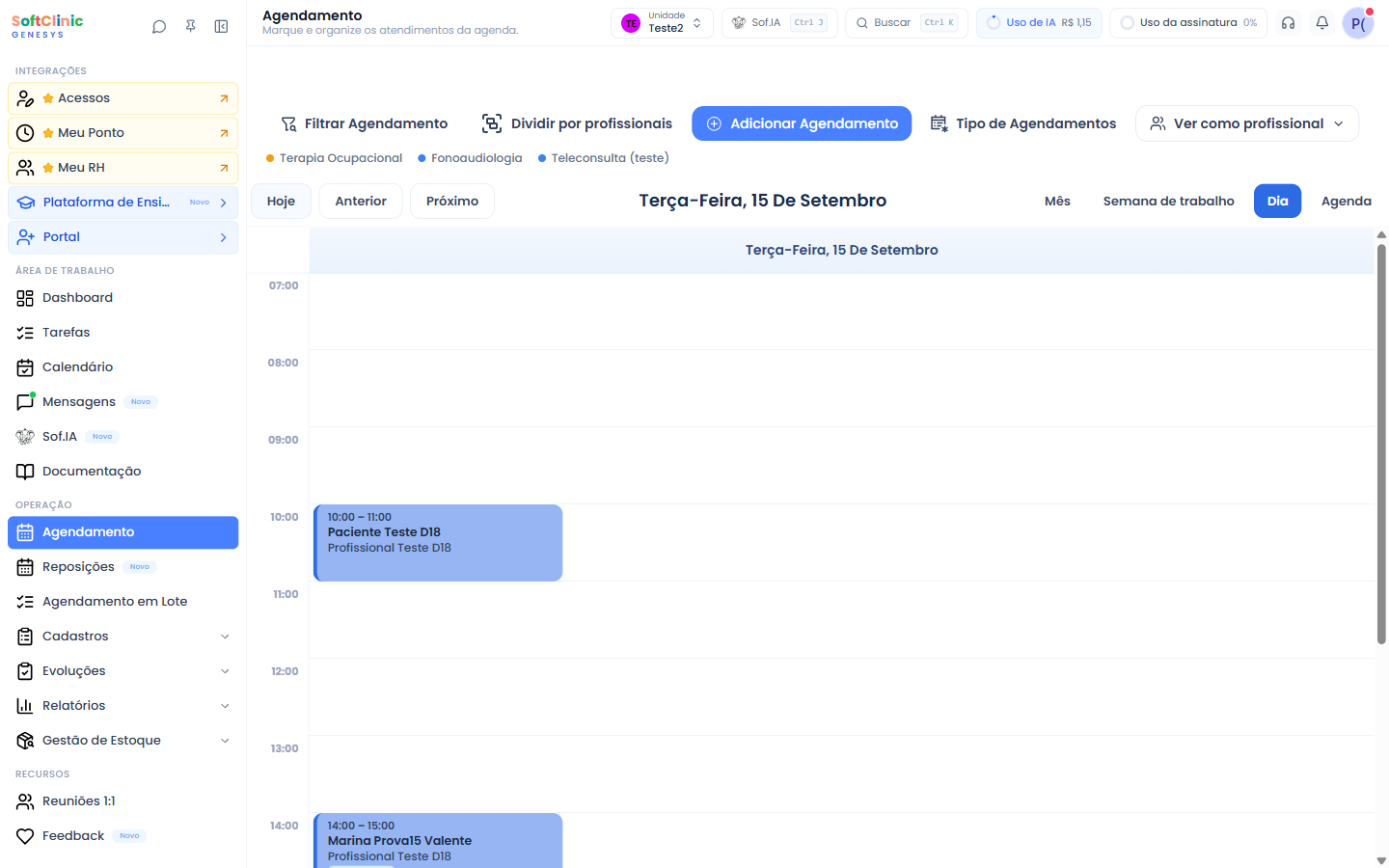 Agenda do Genesys na visão Dia, com tipos de atendimento coloridos e sessões marcadas