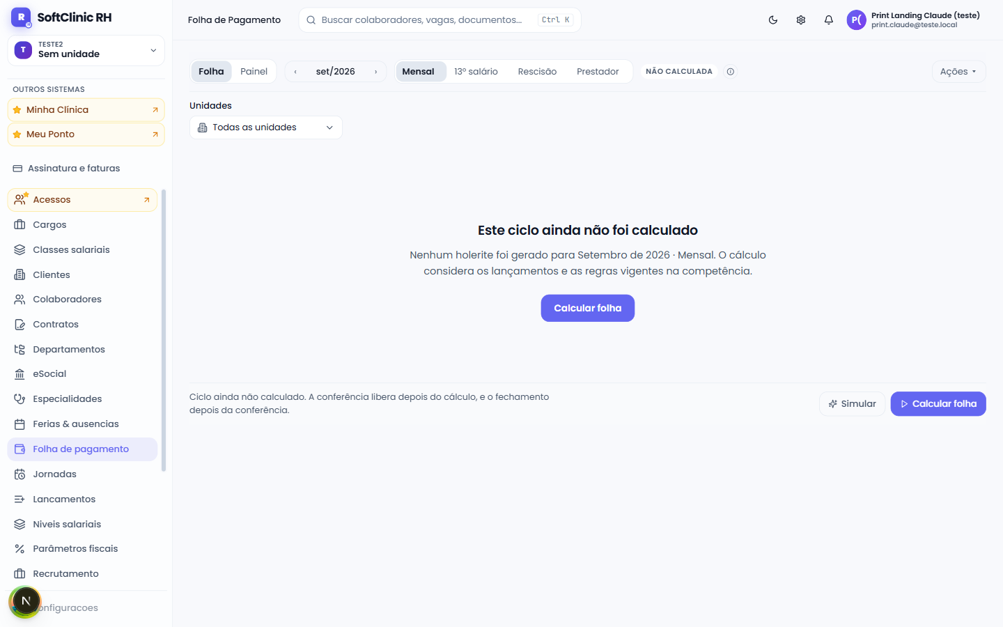Folha de pagamento com competência mensal, 13º, rescisão e prestador