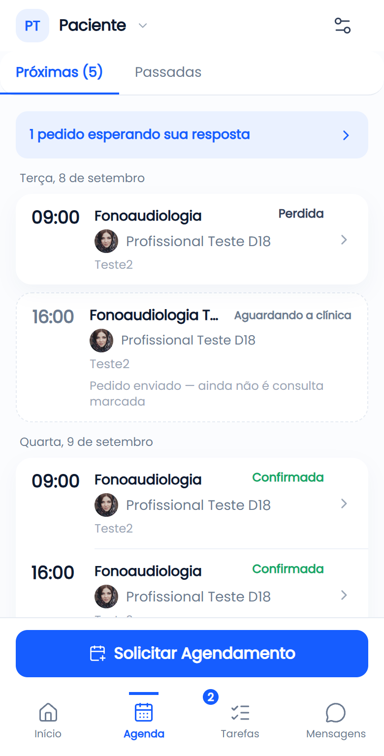 Agenda do app do responsável, com um pedido aguardando resposta da clínica
