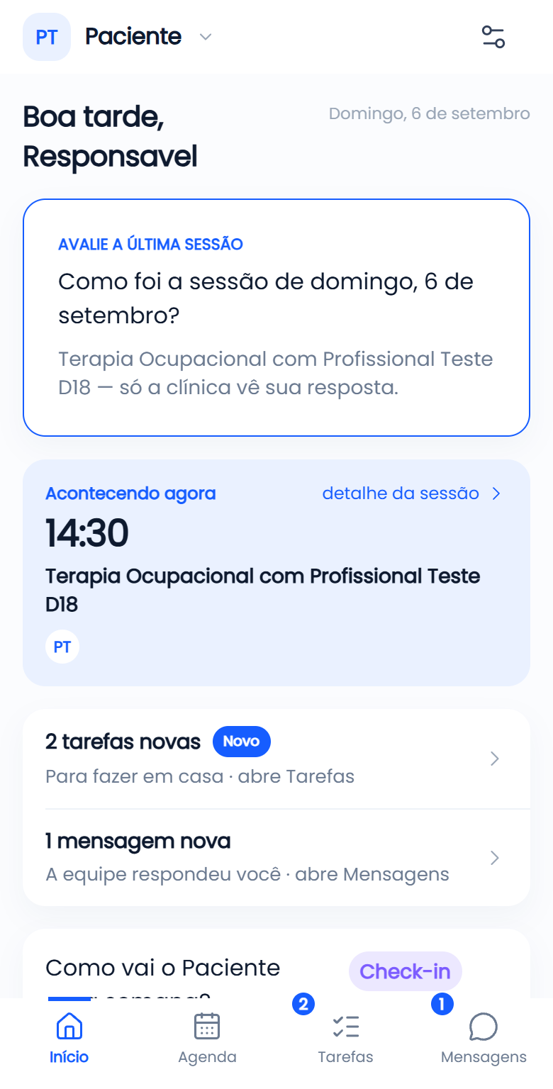 Tela inicial do app do responsável, com a sessão acontecendo agora e as tarefas novas